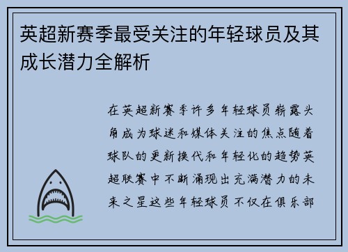 英超新赛季最受关注的年轻球员及其成长潜力全解析