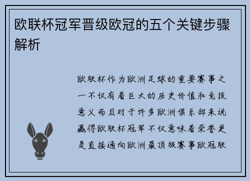 欧联杯冠军晋级欧冠的五个关键步骤解析